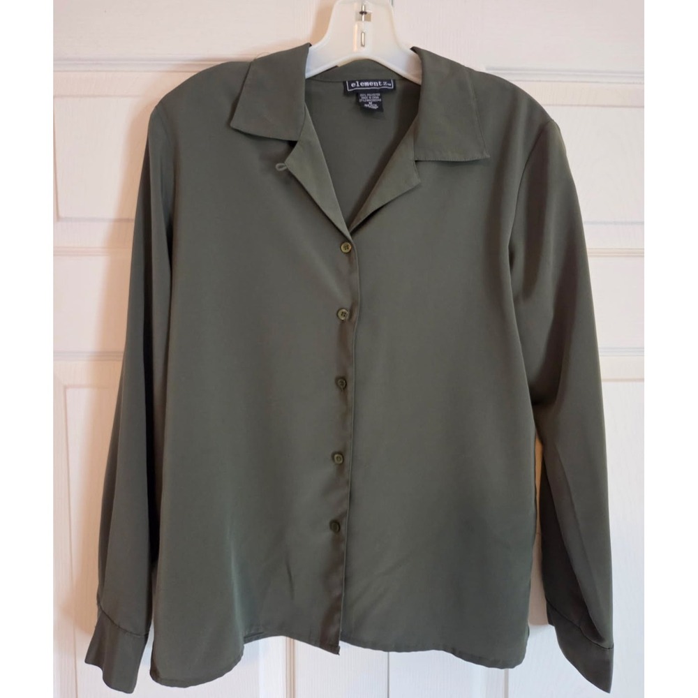 Elementz Women's MEDIUM Long Sleeve Blouse Olive Green Button Up Business Casual